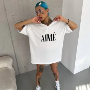 Unisex Yarım Fermuarlı Baskılı T-Shirt - Beyaz