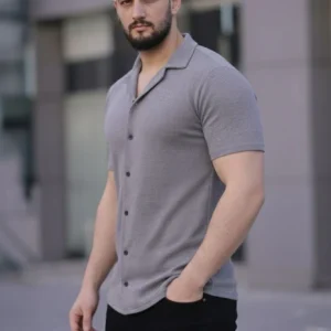 Alternative view of Erkek Waffle Kumaş Kısa Kollu Düğmeli Açık Yaka Regular Fit Gömlek - Gri