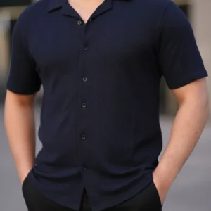 Alternative view of Erkek Waffle Kumaş Kısa Kollu Düğmeli Açık Yaka Regular Fit Gömlek - Lacivert