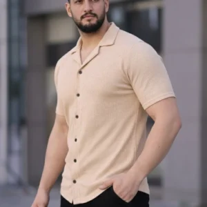 Alternative view of Erkek Waffle Kumaş Kısa Kollu Düğmeli Açık Yaka Regular Fit Gömlek - Bej