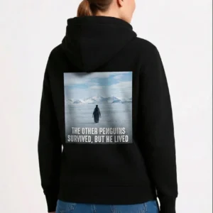 Kadın Oversize Hoodie - Sırt Baskılı "Survivor Penguin" Temalı, Felsefi Yazılı Kapüşonlu Sweatshirt - Siyah