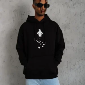 Alternative view of Erkek Nihilist Penguen Temalı Oversize Kapüşonlu Sweatshirt - Siyah