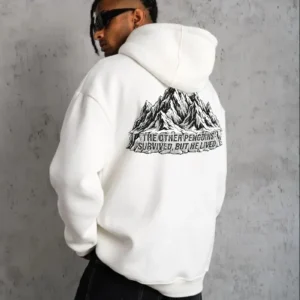 Alternative view of Erkek Nihilist Penguen Temalı Oversize Kapüşonlu Sweatshirt - Beyaz