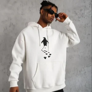 Erkek Nihilist Penguen Temalı Oversize Kapüşonlu Sweatshirt - Beyaz