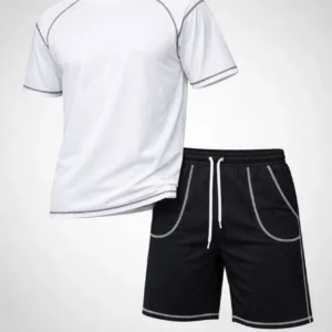 Erkek Spor Tişört Şort Takım Kontrast Dikiş Detaylı Ovarsize rahat kalıp - Beyaz