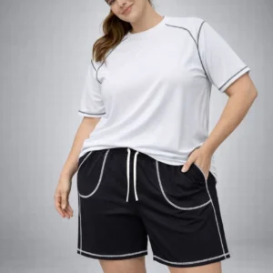 Kadın Battal Beden Kısa Kollu Tişört Şort Takım Kontrast Dikiş Detaylı Günlük Ev Giyimi - Beyaz