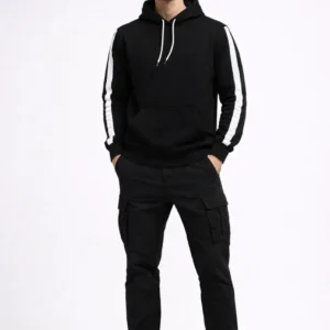 Erkek Şeritli Kapüşonlu Sweatshirt Oversize 3 iplik Pamuklu - Siyah