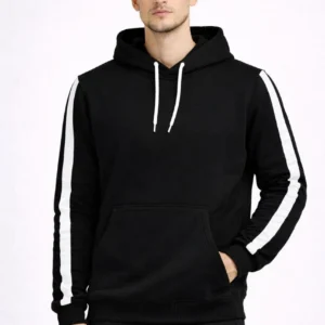 Alternative view of Erkek Şeritli Kapüşonlu Sweatshirt Oversize 3 iplik Pamuklu - Siyah