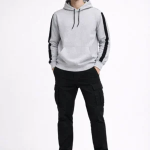 Alternative view of Erkek Şeritli Kapüşonlu Sweatshirt Oversize 3 iplik Pamuklu - Beyaz