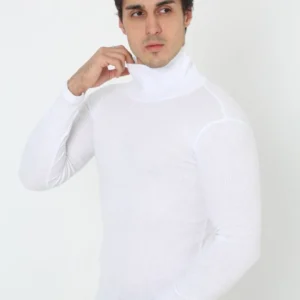 Erkek Kaşkorse Boğazlı Full Likralı Fitilli Body Kazak - Beyaz