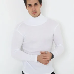 Alternative view of Erkek Kaşkorse Boğazlı Full Likralı Fitilli Body Kazak - Beyaz