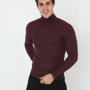 Erkek Kaşkorse Boğazlı Full Likralı Fitilli Body Kazak - Bordo