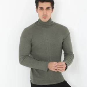 Erkek Kaşkorse Boğazlı Full Likralı Fitilli Body Kazak - Haki