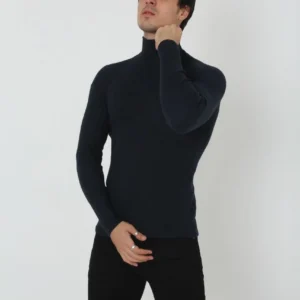 Alternative view of Erkek Kaşkorse Boğazlı Full Likralı Fitilli Body Kazak - Siyah