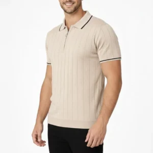 Alternative view of Erkek Fermuarlı Yaka Fitilli Triko Kısa Kollu Regular Fit Tişört T-shirt - Bej