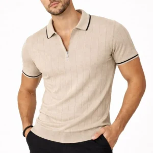 Erkek Fermuarlı Yaka Fitilli Triko Kısa Kollu Regular Fit Tişört T-shirt - Bej