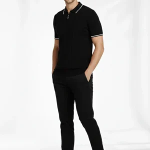 Alternative view of Erkek Fermuarlı Yaka Fitilli Triko Kısa Kollu Regular Fit Tişört T-shirt - Siyah