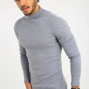 Alternative view of Erkek Kaşkorse Boğazlı Full Likralı Fitilli Body Kazak - Gri