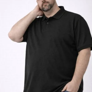 Erkek Pike Kumaş Düğmeli Yaka Battal Büyük Beden Günlük Kısa kol Tişört T-shirt - Siyah