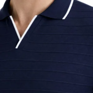 Erkek Triko Kumaş Yakalı Düğmesiz Açık Yaka Fitilli Kısa Kollu Regular Fit Tişört T-shirt - Lacivert