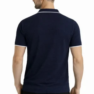 Alternative view of Erkek Triko Kumaş Yakalı Düğmesiz Açık Yaka Fitilli Kısa Kollu Regular Fit Tişört T-shirt - Lacivert