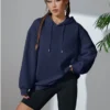 Kadın Uzun Kol Kapşonlu Basic Sweatshirt hoodie - Lacivert