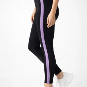 Kadın Likralı Yan Lila Şeritli Detaylı Tayt - Siyah