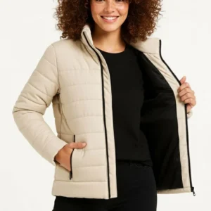 Alternative view of Kadın Mikro Su İtici Kapitone Baskılı Astarlı Fermuarlı Bomber Mont - Bej