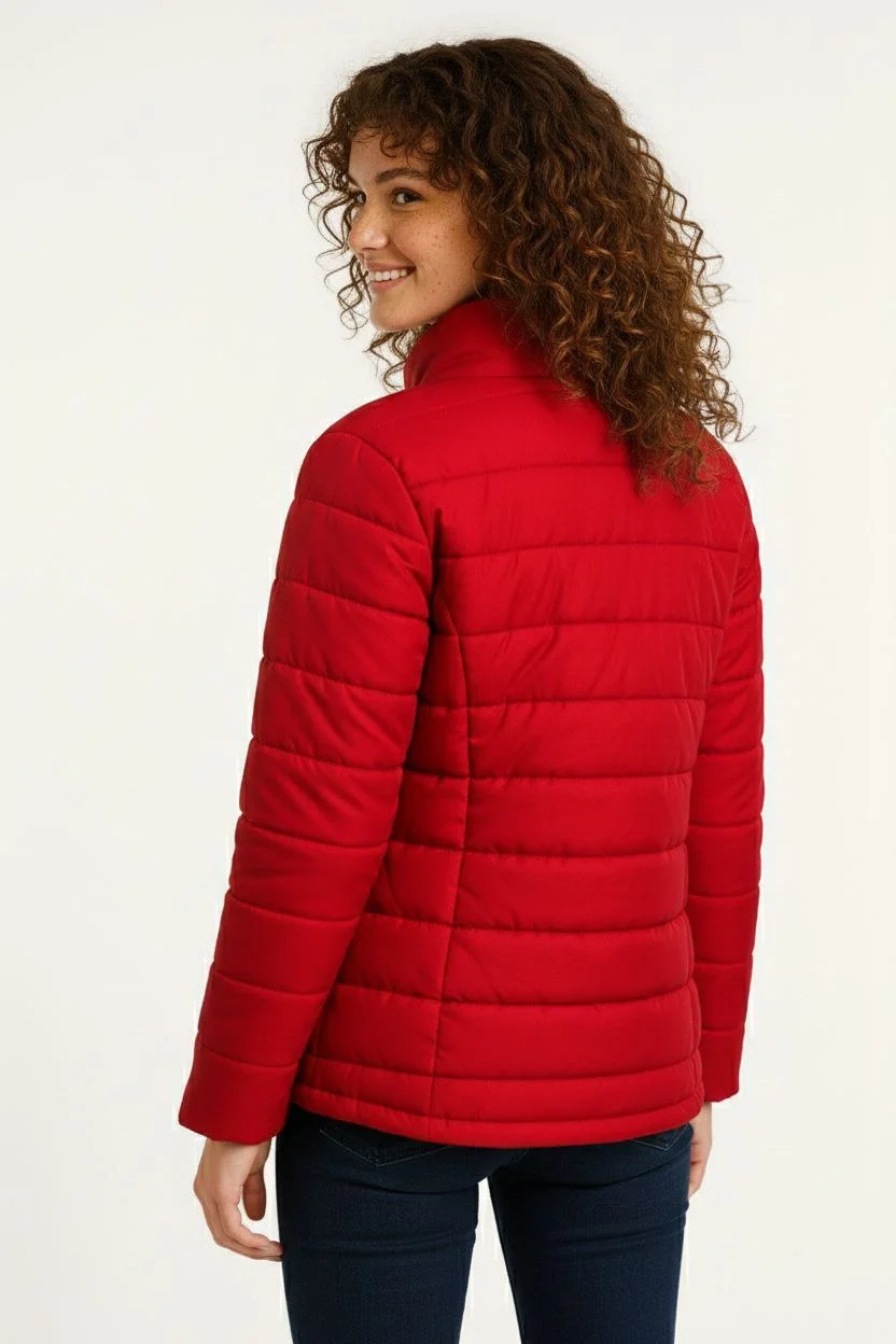 Kadın Mikro Su İtici Kapitone Baskılı Astarlı Fermuarlı Bomber Mont - Kırmızı - Görsel 2