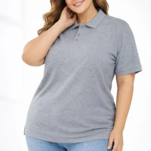 Alternative view of Kadın Pike Kumaş Düğmeli Yaka Battal Büyük Beden Günlük Kısa kol Tişört T-shirt - Gri