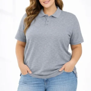 Kadın Pike Kumaş Düğmeli Yaka Battal Büyük Beden Günlük Kısa kol Tişört T-shirt - Gri