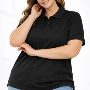 Alternative view of Kadın Pike Kumaş Düğmeli Yaka Battal Büyük Beden Günlük Kısa kol Tişört T-shirt - Siyah