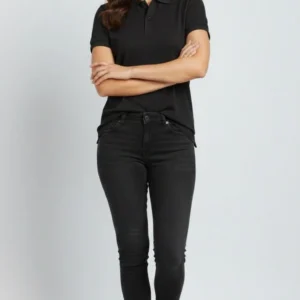 Alternative view of Kadın Pike Kumaş Düğmeli Yaka Regular Rahat Günlük Kısa kol Tişört T-shirt - Siyah