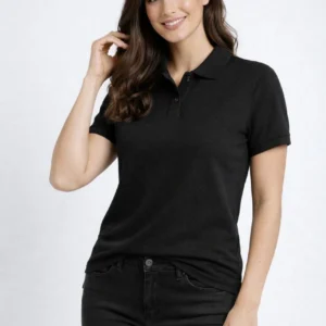 Kadın Pike Kumaş Düğmeli Yaka Regular Rahat Günlük Kısa kol Tişört T-shirt - Siyah