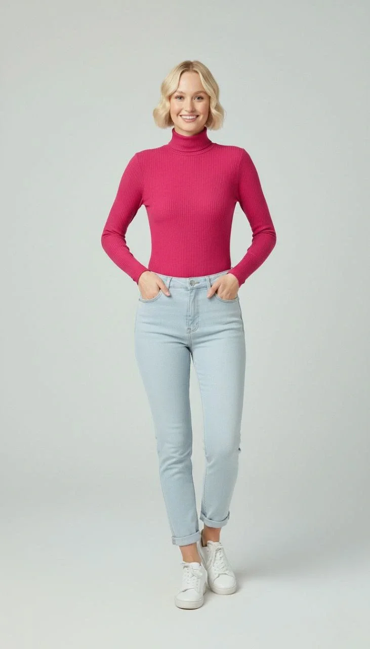 Kadın Tam Boğazlı Fitilli Likrali Kaşkorse Badi İnce Uzun Kollu Kazak - Pembe - Görsel 2