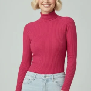 Kadın Tam Boğazlı Fitilli Likrali Kaşkorse Badi İnce Uzun Kollu Kazak - Pembe