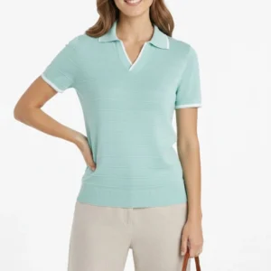 Kadın Triko Kumaş Yakalı Düğmesiz Açık Yaka Fitilli Kısa Kollu Regular Fit Tişört T-shirt - Mint Yeşili