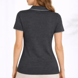 Alternative view of Kadın Triko Kumaş Yakalı Düğmesiz Açık Yaka Fitilli Kısa Kollu Regular Fit Tişört T-shirt - Siyah