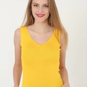 Kadın V Yaka Fırfır Detay Crop - Sarı