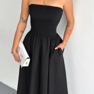 Alternative view of Straplez Pileli Elbise - Siyah