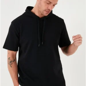 Alternative view of Unisex Kapşonlu Kısa Kol Düz Oversize T-shirt - Siyah