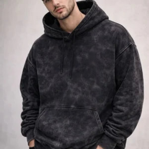 Alternative view of Erkek Yağ Yıkamalı Kapşonlu Double Oversize Üç İplik Pamuklu Sweatshirt - Siyah