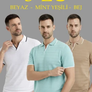 Erkek 3’lü Paket Triko Yakalı Düğmesiz Açık Yaka Fitilli Kısa Kollu Regular Fit Tişört - Bej, Beyaz, Mint Yeşili