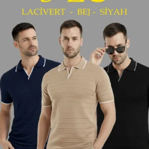 Erkek 3’lü Paket Triko Yakalı Düğmesiz Açık Yaka Fitilli Kısa Kollu Regular Fit Tişört - Lacivert, Bej, Siyah