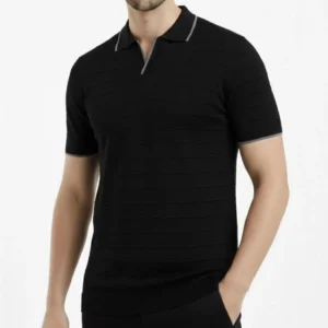 Alternative view of Erkek 2’li Paket Triko Yakalı Düğmesiz Açık Yaka Fitilli Kısa Kollu Regular Fit Tişört - Bej & Siyah