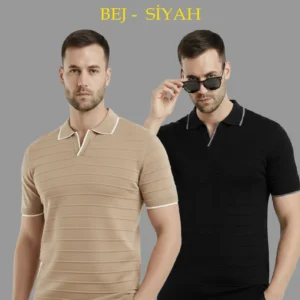 Erkek 2’li Paket Triko Yakalı Düğmesiz Açık Yaka Fitilli Kısa Kollu Regular Fit Tişört - Bej & Siyah
