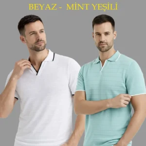 Erkek 2’li Paket Triko Yakalı Düğmesiz Açık Yaka Fitilli Kısa Kollu Regular Fit Tişört - Beyaz & Mint Yeşili