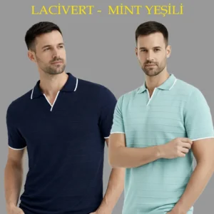 Erkek 2’li Paket Triko Yakalı Düğmesiz Açık Yaka Fitilli Kısa Kollu Regular Fit Tişört - Lacivert & Mint Yeşili