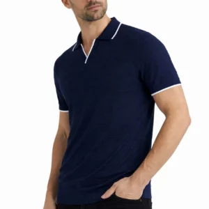 Alternative view of Erkek 2’li Paket Triko Yakalı Düğmesiz Açık Yaka Fitilli Kısa Kollu Regular Fit Tişört - Lacivert & Bej