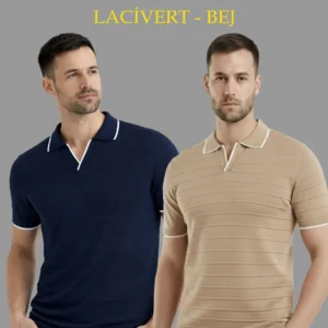 Erkek 2’li Paket Triko Yakalı Düğmesiz Açık Yaka Fitilli Kısa Kollu Regular Fit Tişört - Lacivert & Bej